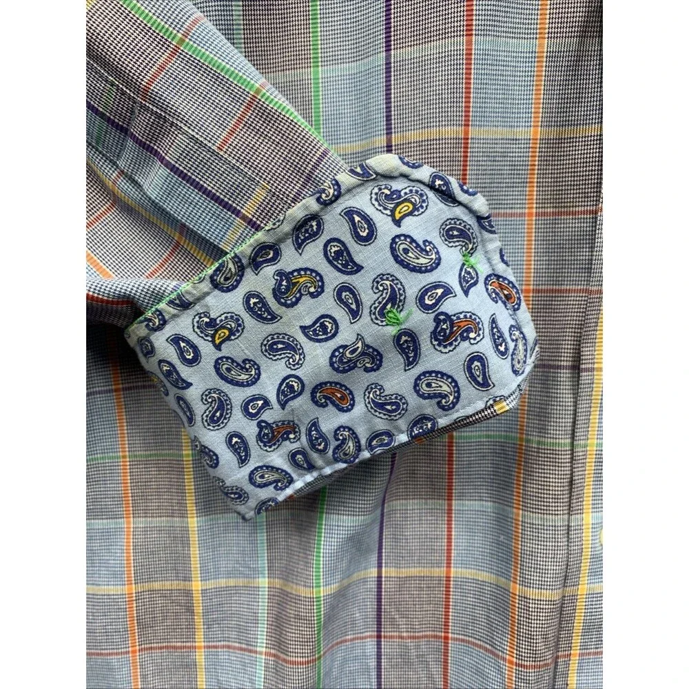 Alan Flusser Men's Multicolor Plaid Button Down Shirt Long Sleeve Large Cotton